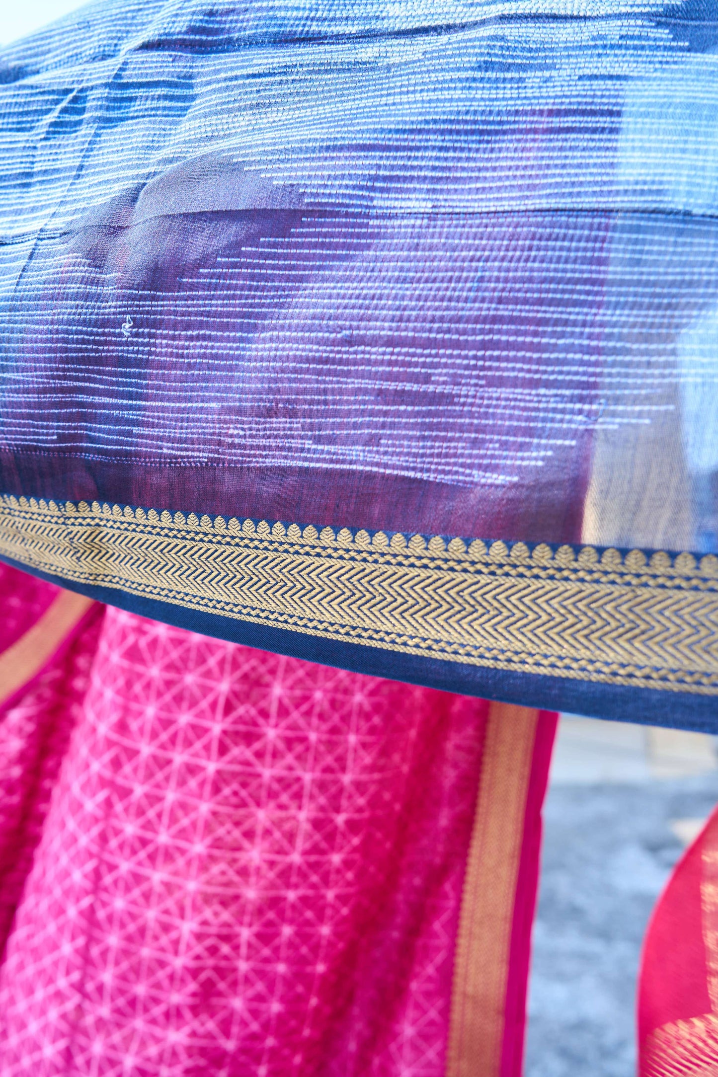 blue; pink; geometric silk; cotton Pink & Navy Blue Nui Shibori Handcrafted Maheshwari Silk Set by Label A