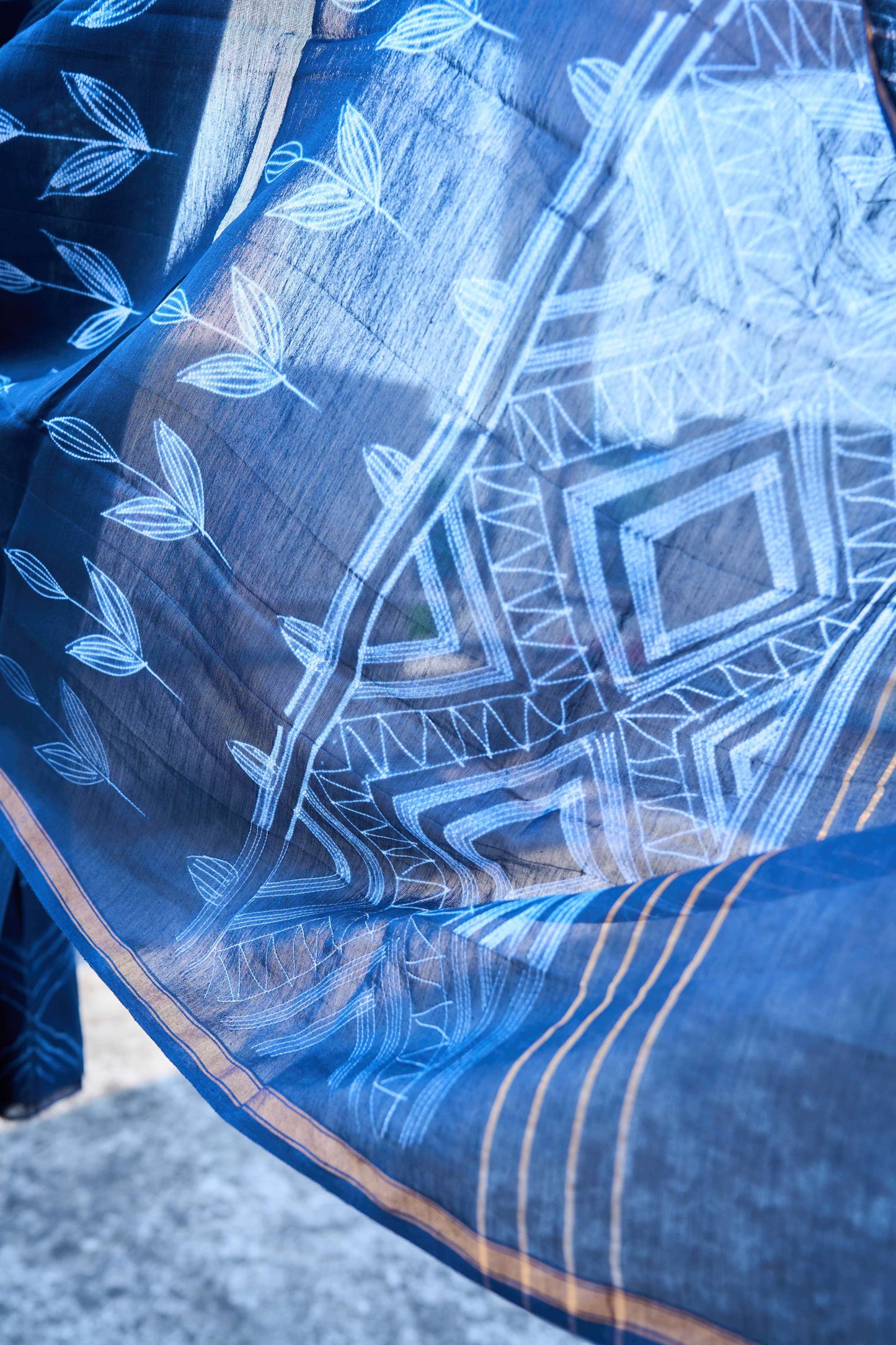 geometric; dots; blue; navy silk; cotton Indigo Blue Nui Shibori Handcrafted Chanderi Silk Set by Label A
