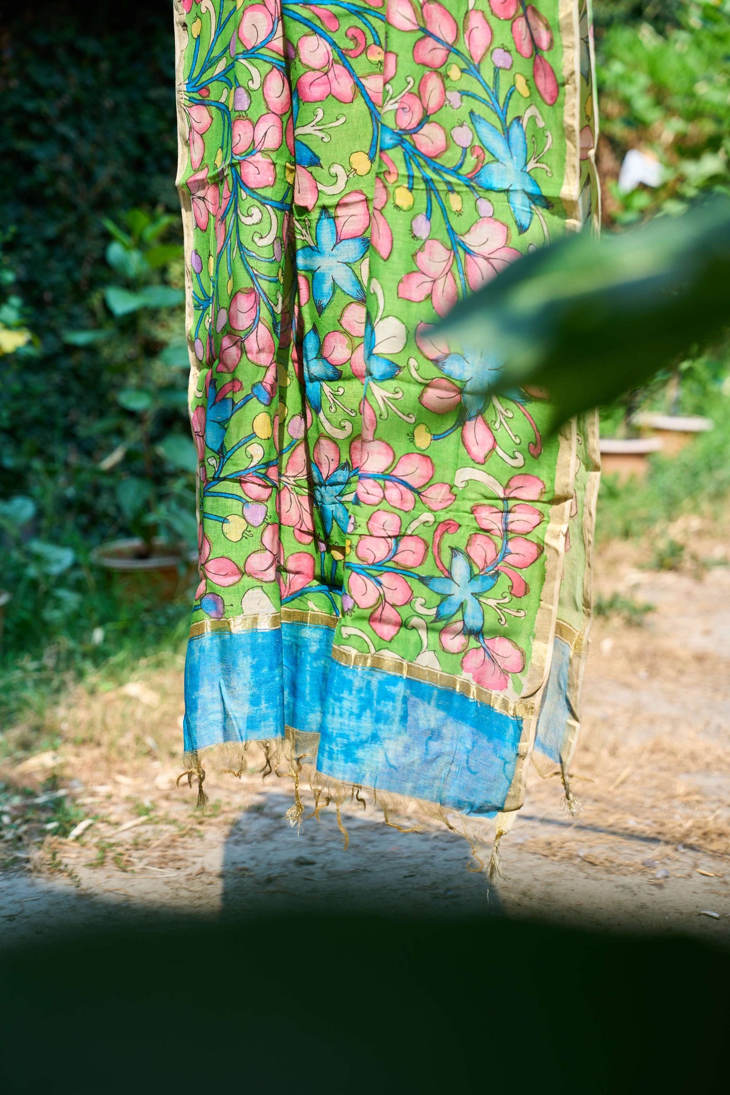 floral; multicolor; green silk Green Chanderi Silk Dupatta with Kalamkari Detailing - Green Harmony by Label A
