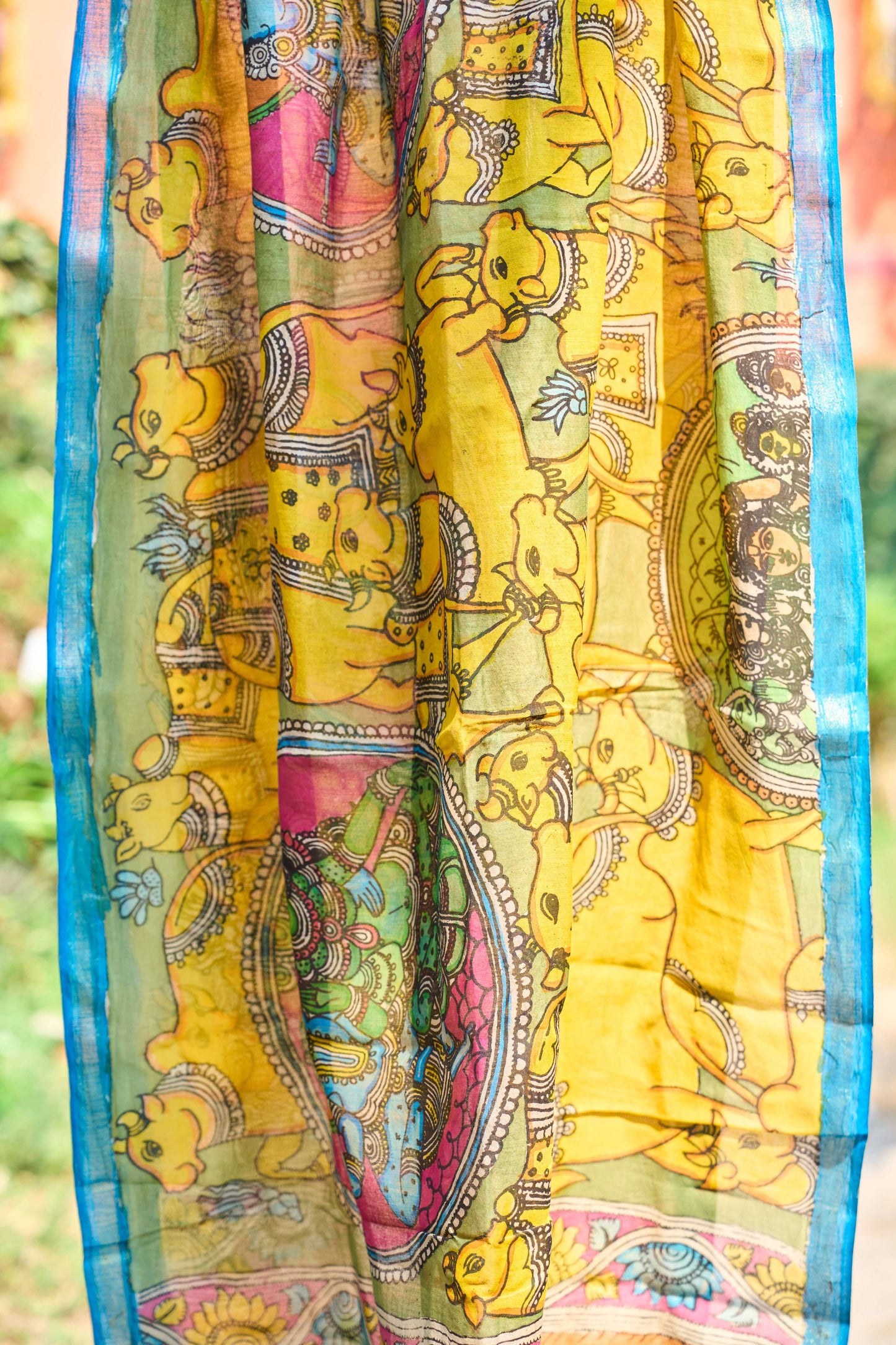 multicolor; gold; floral; yellow; blue; pink; red silk Yellow Chanderi Silk Dupatta with Mythological Kalamkari - Divine Tale