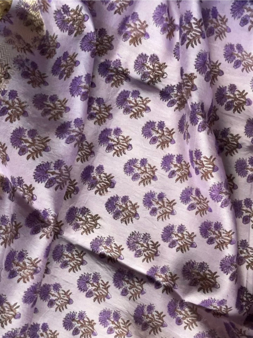floral silk; cotton Naimisha - Lavender Floral Bagru Printed Maheshwari Silk Suit Set by Label A