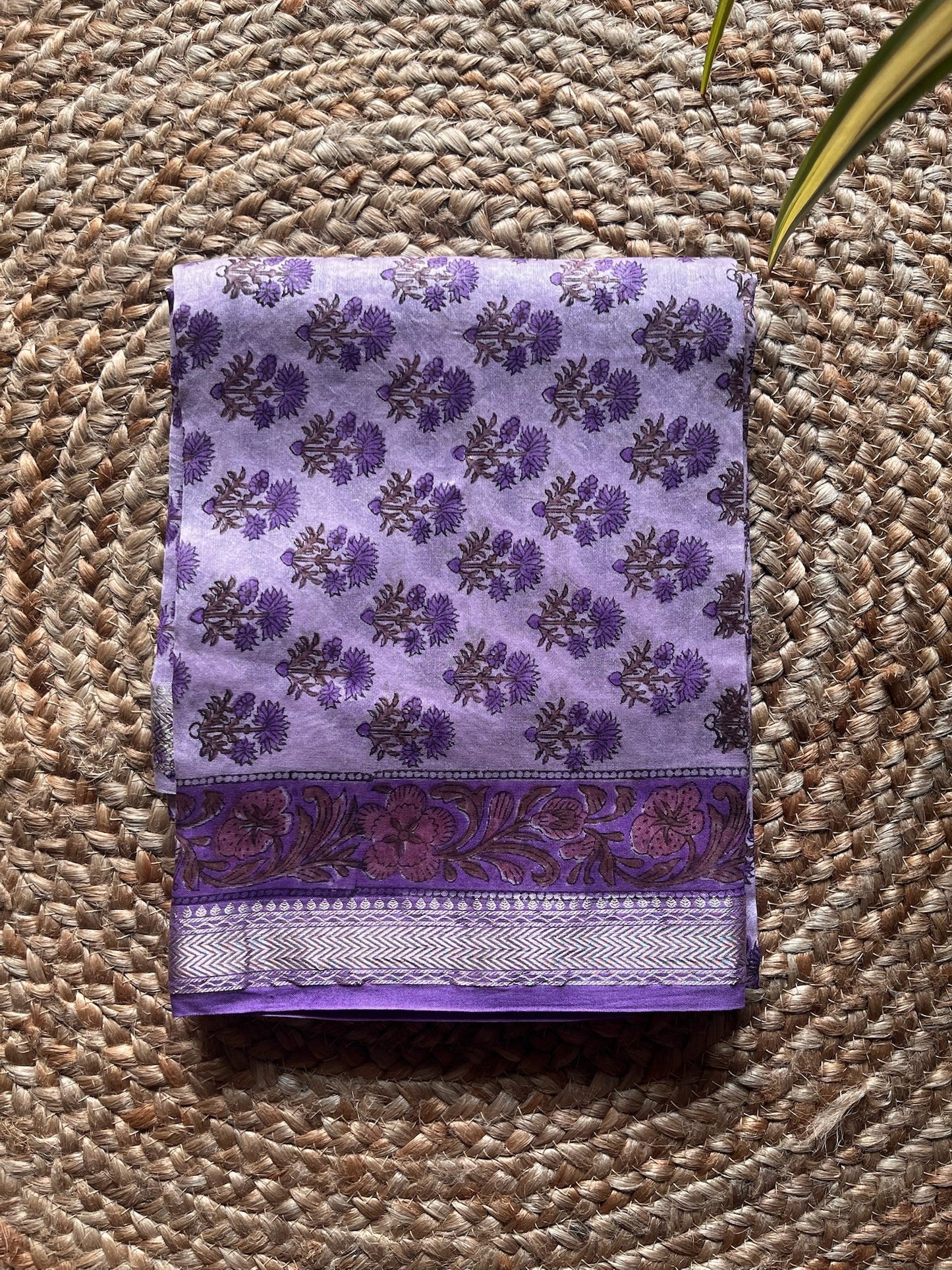 floral silk; cotton Naimisha - Lavender Floral Bagru Printed Maheshwari Silk Suit Set by Label A
