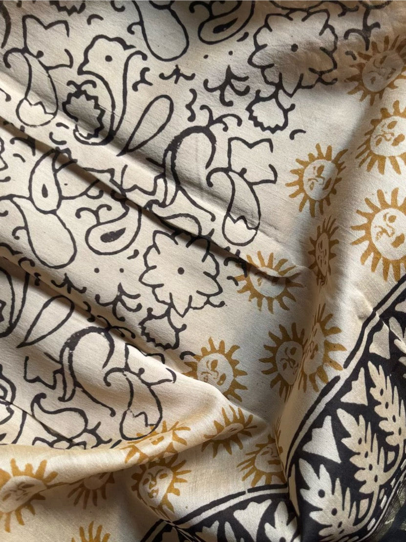 floral silk; cotton Sharvari - Cream & Mustard Kalamkari Printed Chanderi Silk Suit Set by Label A