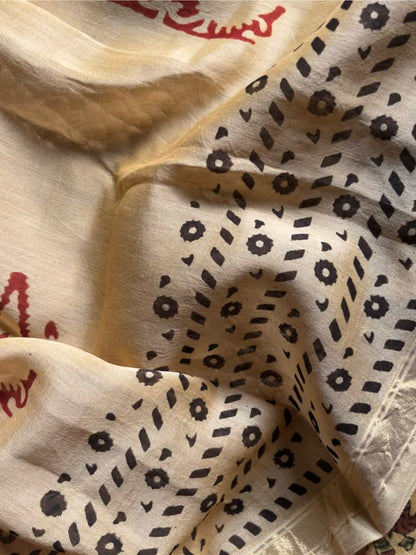 floral silk; cotton Neelima - Beige & Maroon Kalamkari Handblock Chanderi Silk Suit by Label A