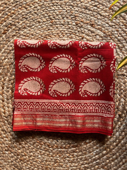 floral; red silk; cotton Ira - Red Bagh Paisley Maheshwari Silk Suit Set by Label A