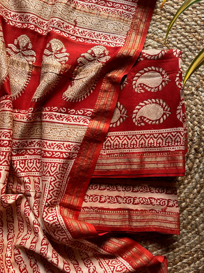 floral; red silk; cotton Ira - Red Bagh Paisley Maheshwari Silk Suit Set by Label A