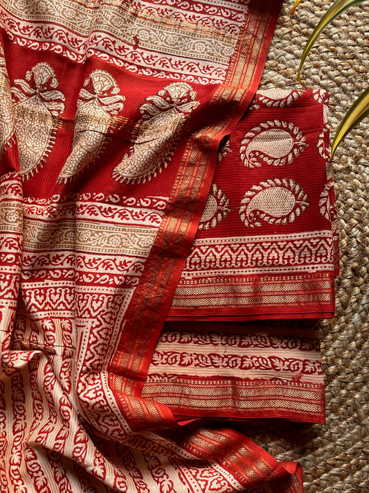 floral; red silk; cotton Ira - Red Bagh Paisley Maheshwari Silk Suit Set by Label A