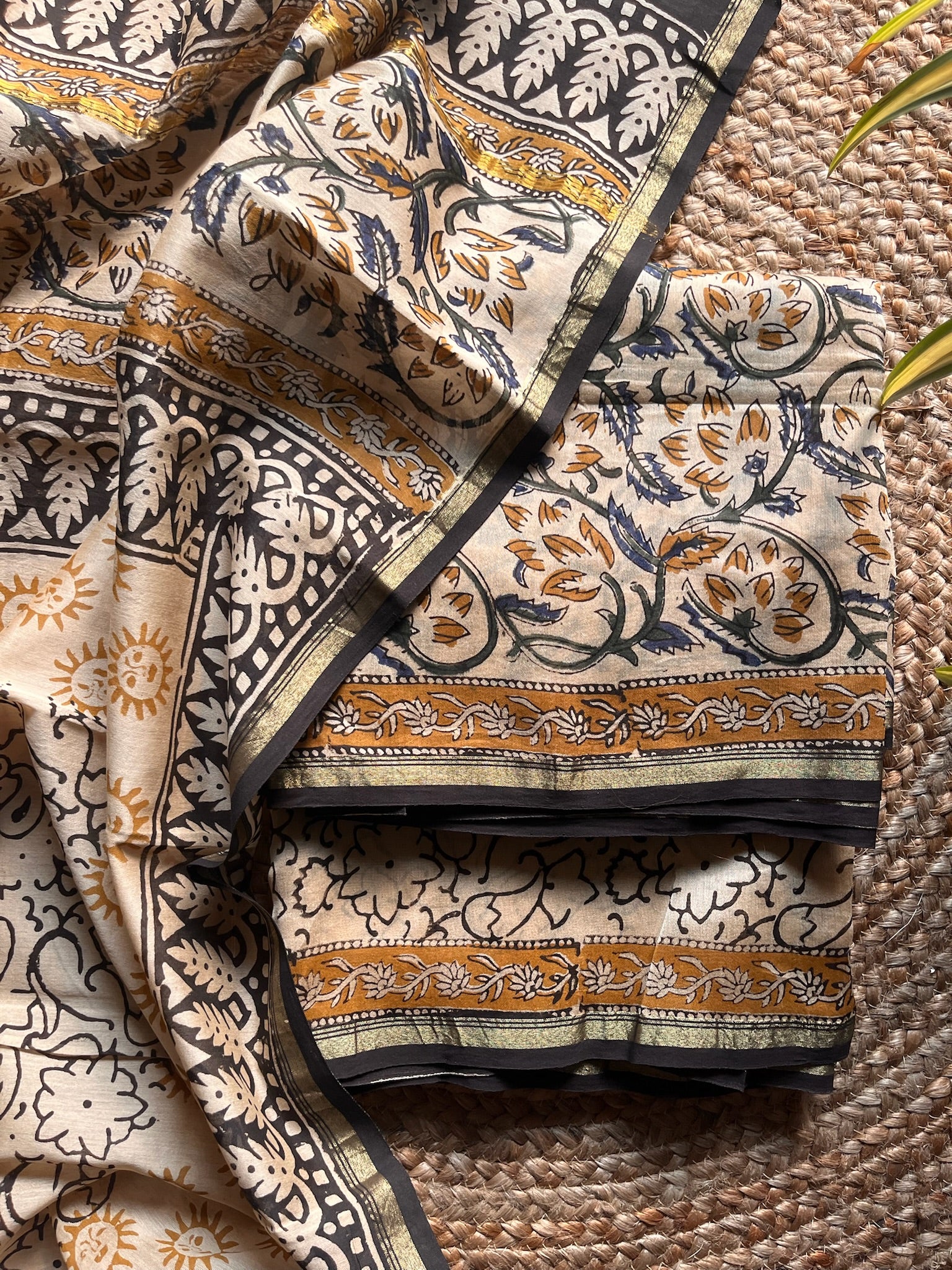 floral silk; cotton Sharvari - Cream & Mustard Kalamkari Printed Chanderi Silk Suit Set by Label A
