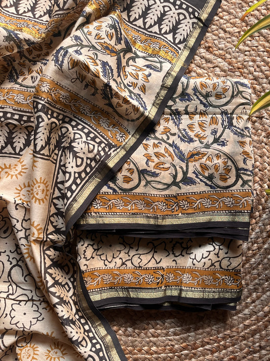 floral silk; cotton Sharvari - Cream & Mustard Kalamkari Printed Chanderi Silk Suit Set by Label A