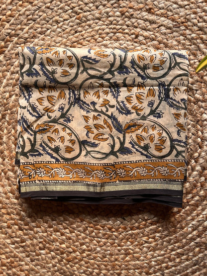 floral silk; cotton Sharvari - Cream & Mustard Kalamkari Printed Chanderi Silk Suit Set by Label A