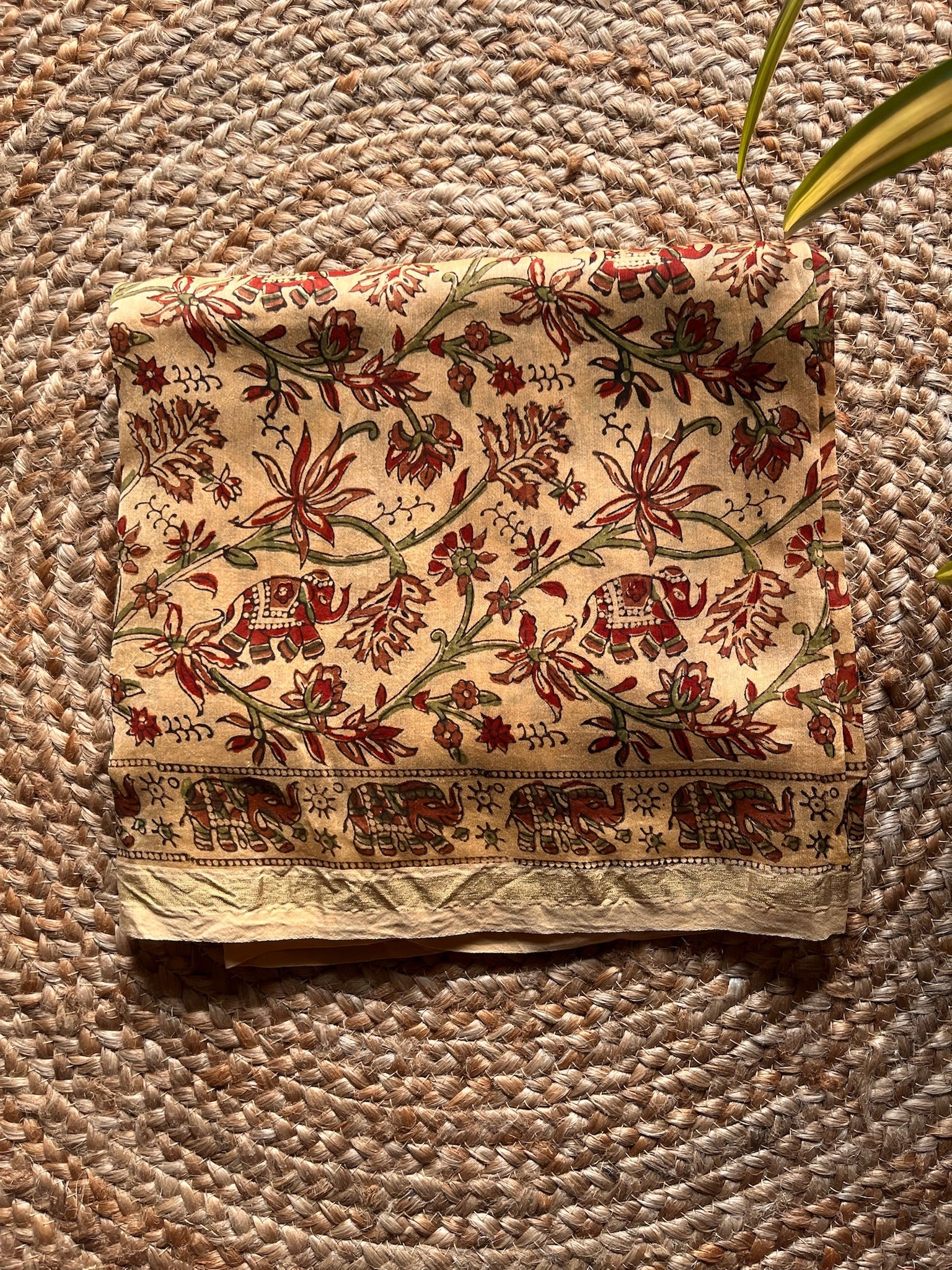 floral silk; cotton Neelima - Beige & Maroon Kalamkari Handblock Chanderi Silk Suit by Label A