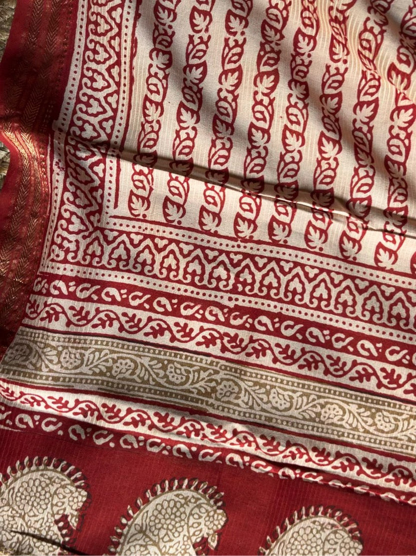 floral; red silk; cotton Ira - Red Bagh Paisley Maheshwari Silk Suit Set by Label A