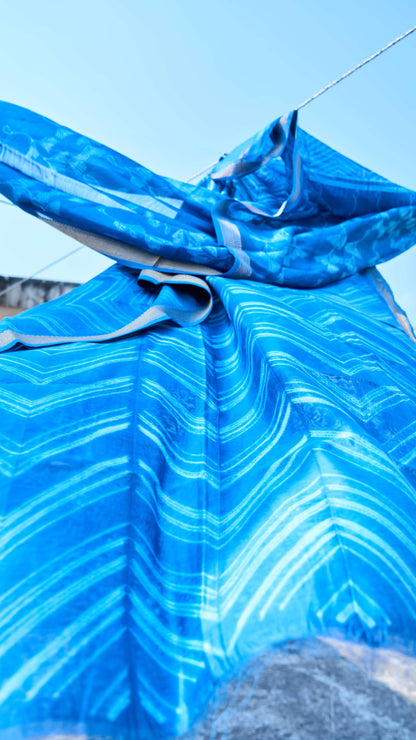 geometric; navy; blue silk; cotton Blue Nui Shibori Maheshwari Silk  Handcrafted Set by Label A