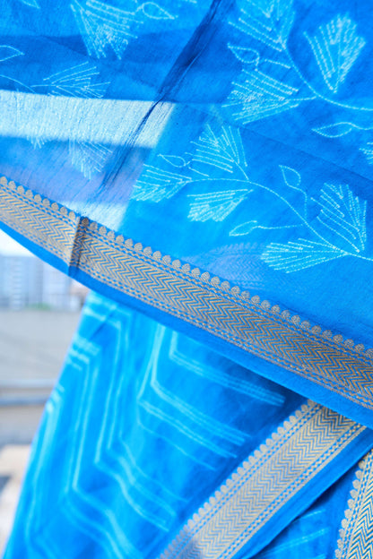 geometric; navy; blue silk; cotton Blue Nui Shibori Maheshwari Silk  Handcrafted Set by Label A