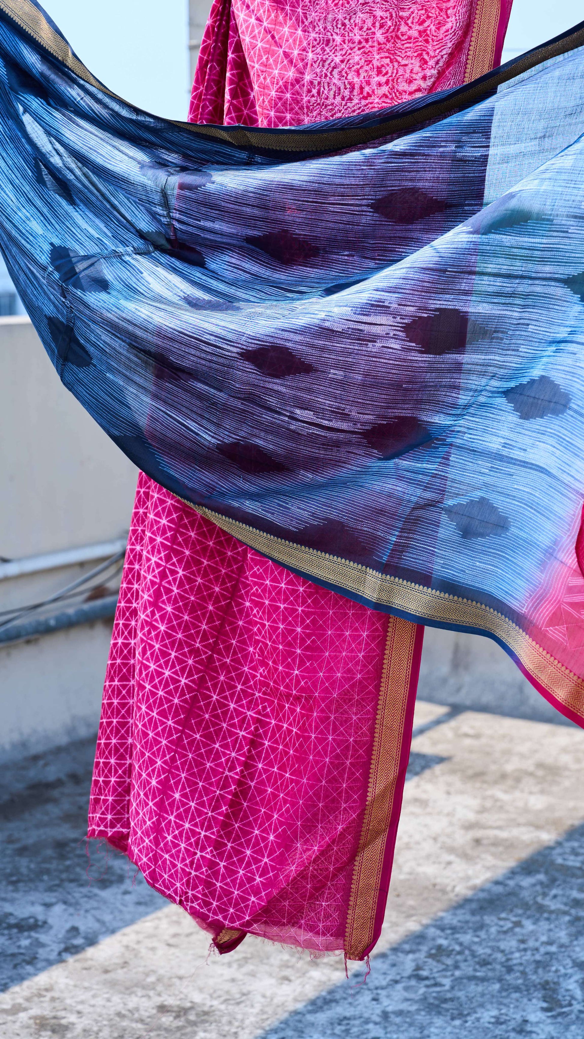 blue; pink; geometric silk; cotton Pink & Navy Blue Nui Shibori Handcrafted Maheshwari Silk Set by Label A