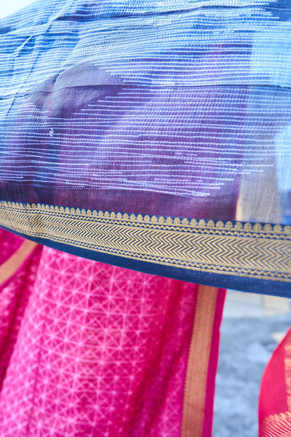 blue; pink; geometric silk; cotton Pink & Navy Blue Nui Shibori Handcrafted Maheshwari Silk Set by Label A