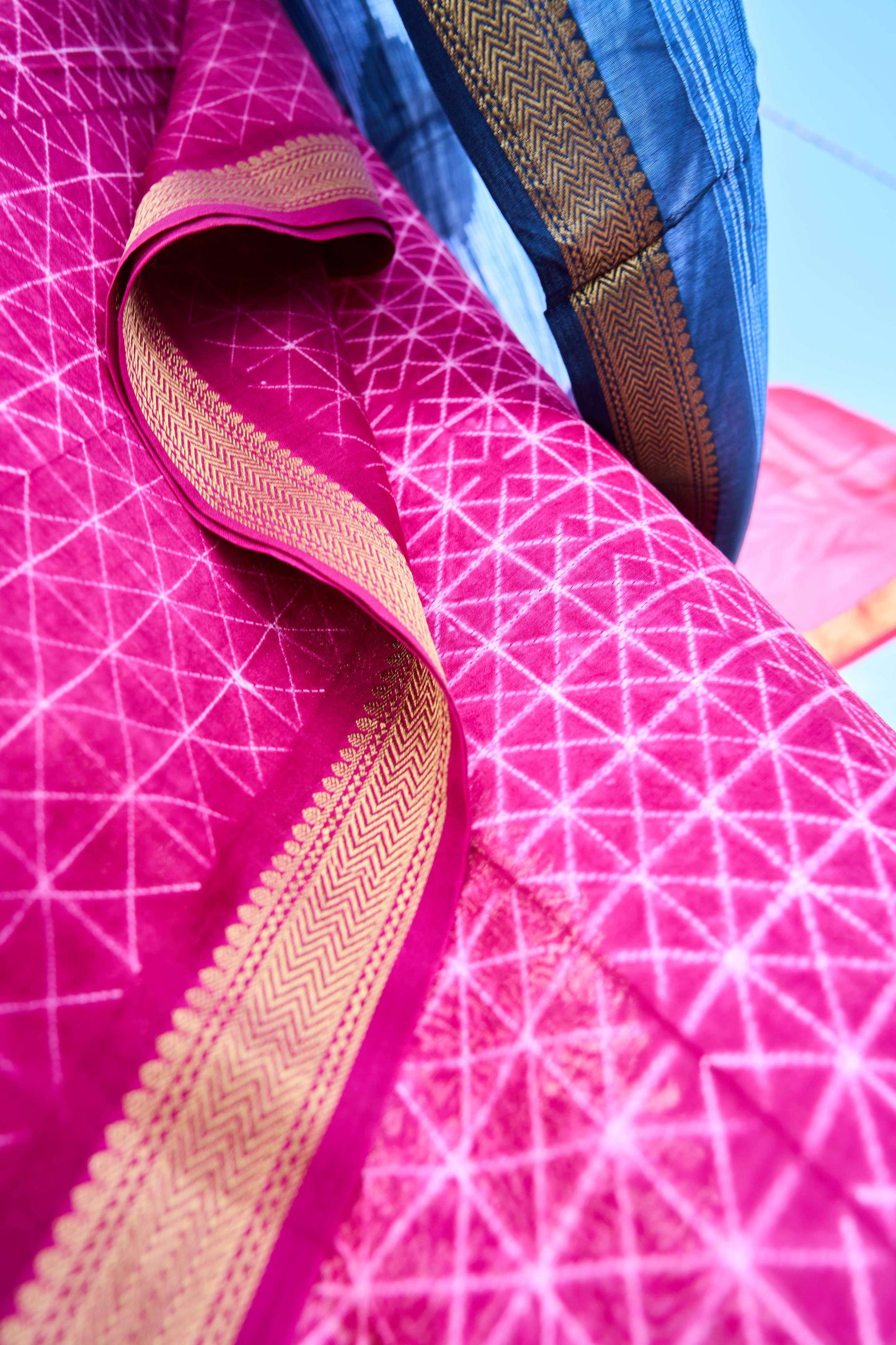 blue; pink; geometric silk; cotton Pink & Navy Blue Nui Shibori Handcrafted Maheshwari Silk Set by Label A
