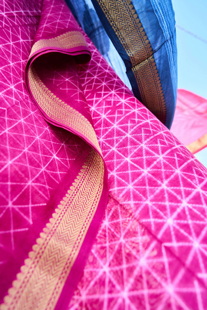blue; pink; geometric silk; cotton Pink & Navy Blue Nui Shibori Handcrafted Maheshwari Silk Set by Label A