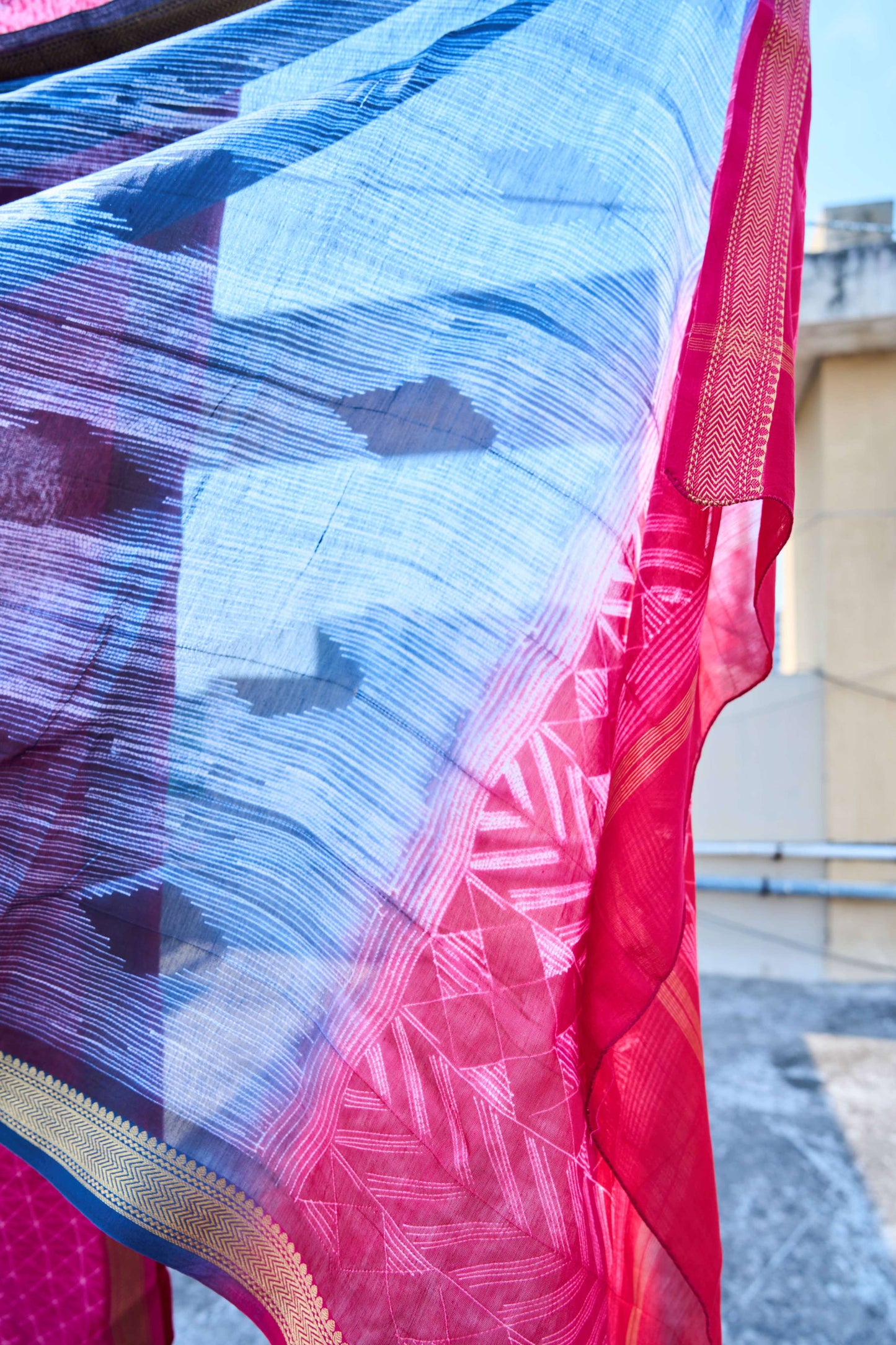 blue; pink; geometric silk; cotton Pink & Navy Blue Nui Shibori Handcrafted Maheshwari Silk Set by Label A