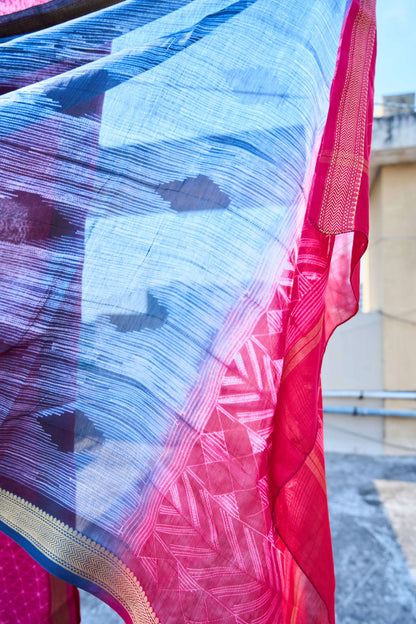 blue; pink; geometric silk; cotton Pink & Navy Blue Nui Shibori Handcrafted Maheshwari Silk Set by Label A