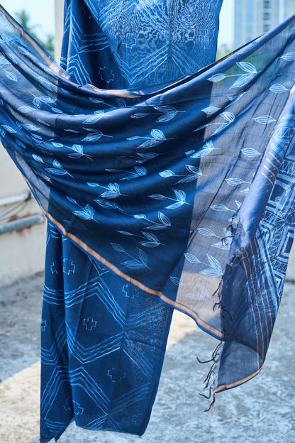 geometric; dots; blue; navy silk; cotton Indigo Blue Nui Shibori Handcrafted Chanderi Silk Set by Label A