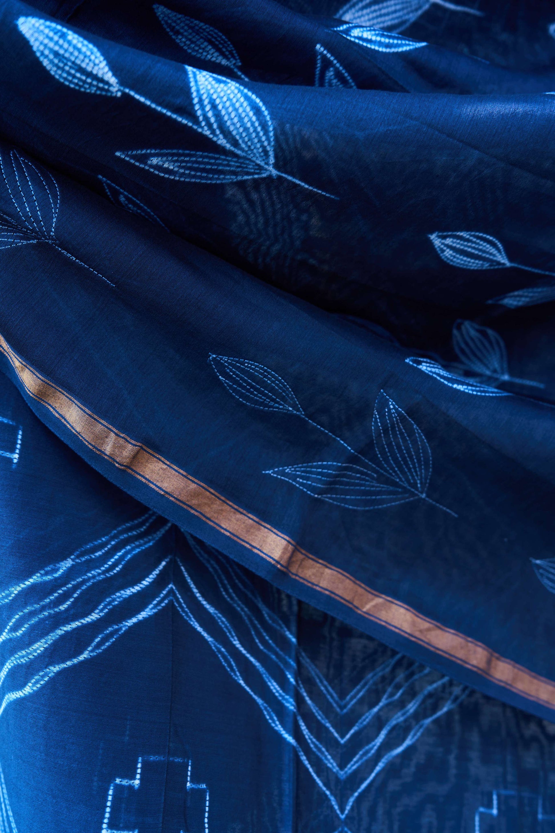 geometric; dots; blue; navy silk; cotton Indigo Blue Nui Shibori Handcrafted Chanderi Silk Set by Label A