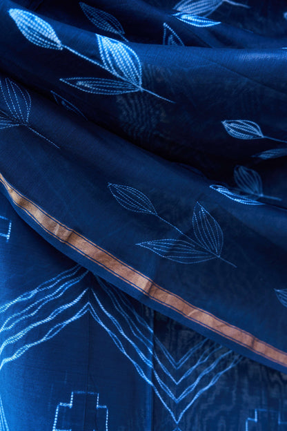 geometric; dots; blue; navy silk; cotton Indigo Blue Nui Shibori Handcrafted Chanderi Silk Set by Label A