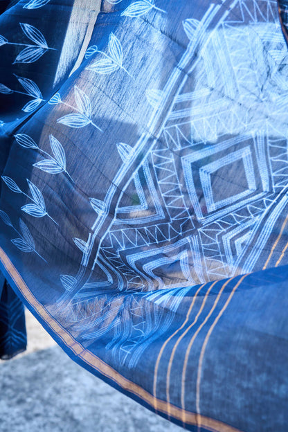 geometric; dots; blue; navy silk; cotton Indigo Blue Nui Shibori Handcrafted Chanderi Silk Set by Label A