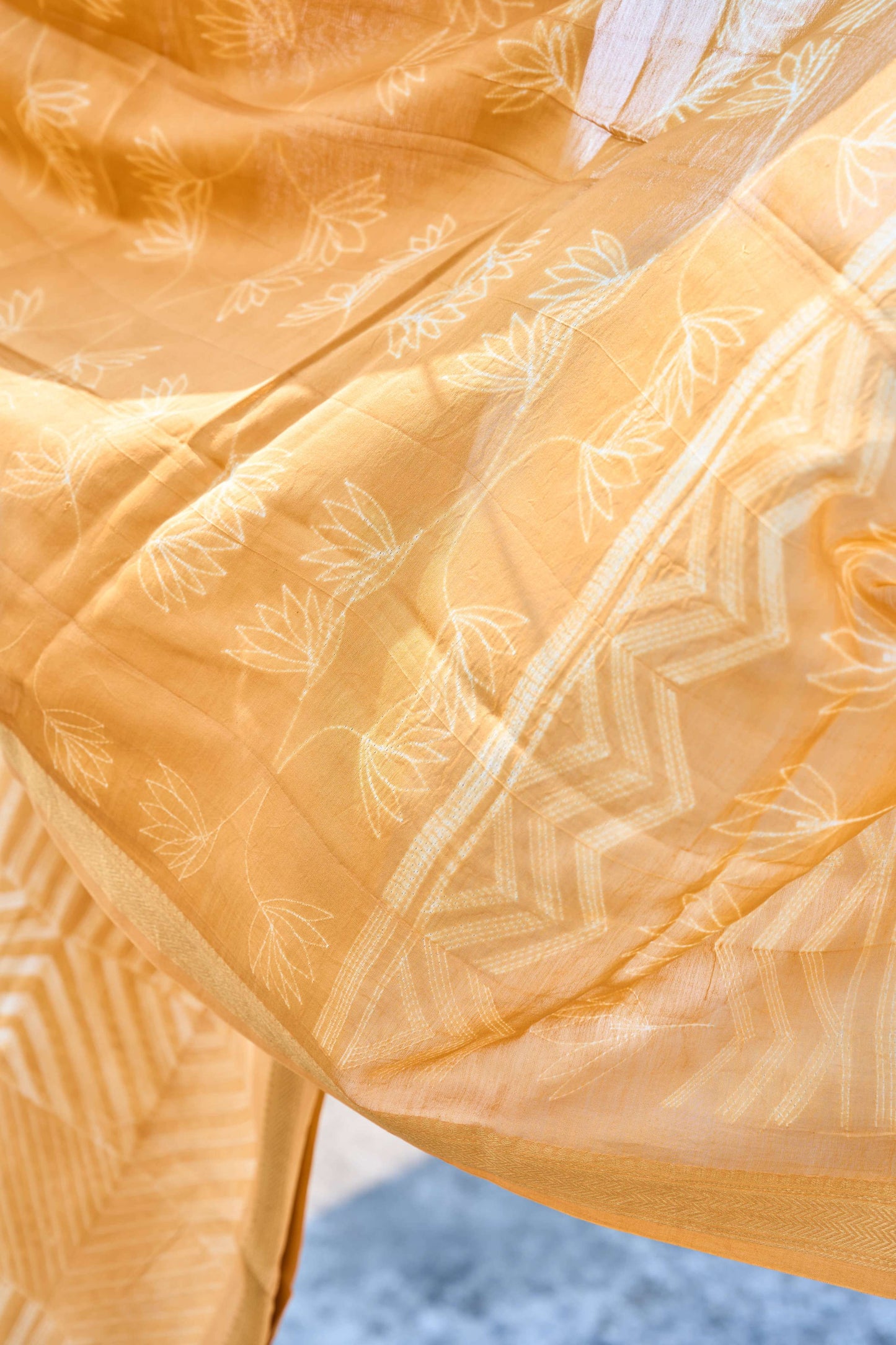 geometric; yellow; dots silk; cotton Mustard Yellow  Nui Shibori Handcrafted Maheshwari Silk Set by Label A