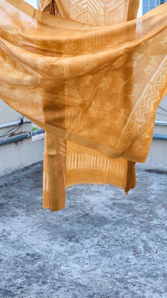geometric; yellow; dots silk; cotton Mustard Yellow  Nui Shibori Handcrafted Maheshwari Silk Set by Label A