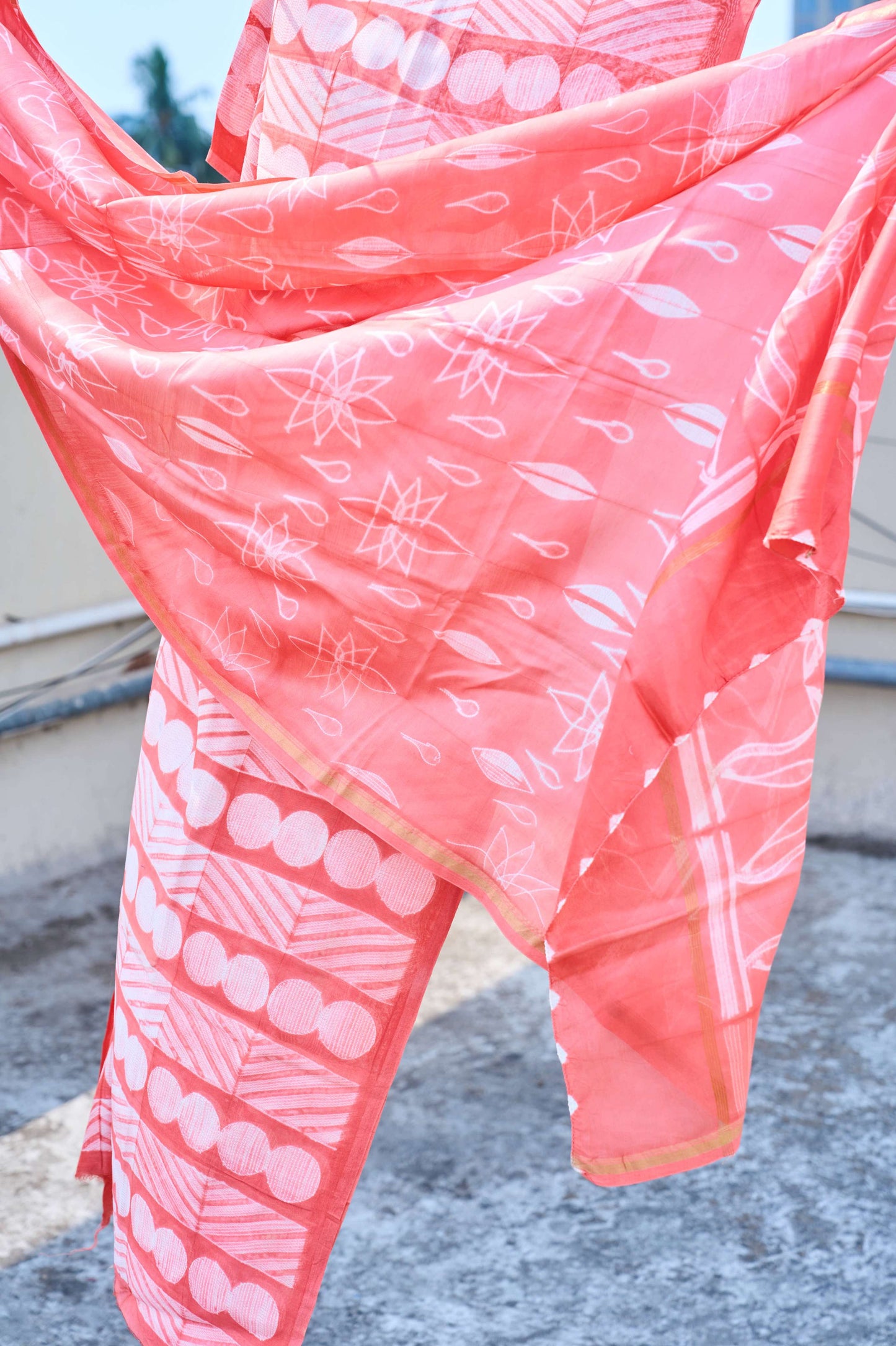 geometric; dots; white; pink silk; cotton Coral Peach Nui Shibori Handcrafted Chanderi Silk Set by Label A