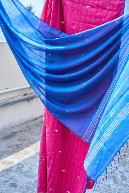 pink; blue cotton Magenta Jamdani Cotton Suit Set by My Store