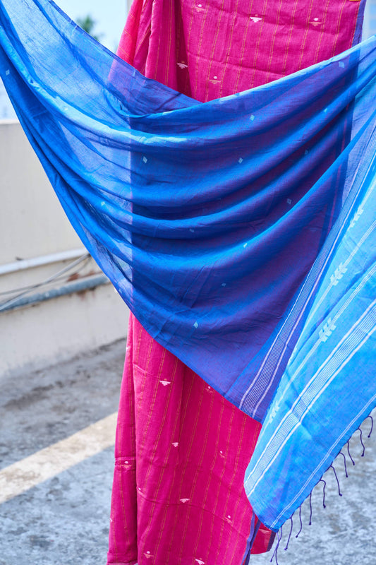 pink; blue cotton Magenta Jamdani Cotton Suit Set by My Store