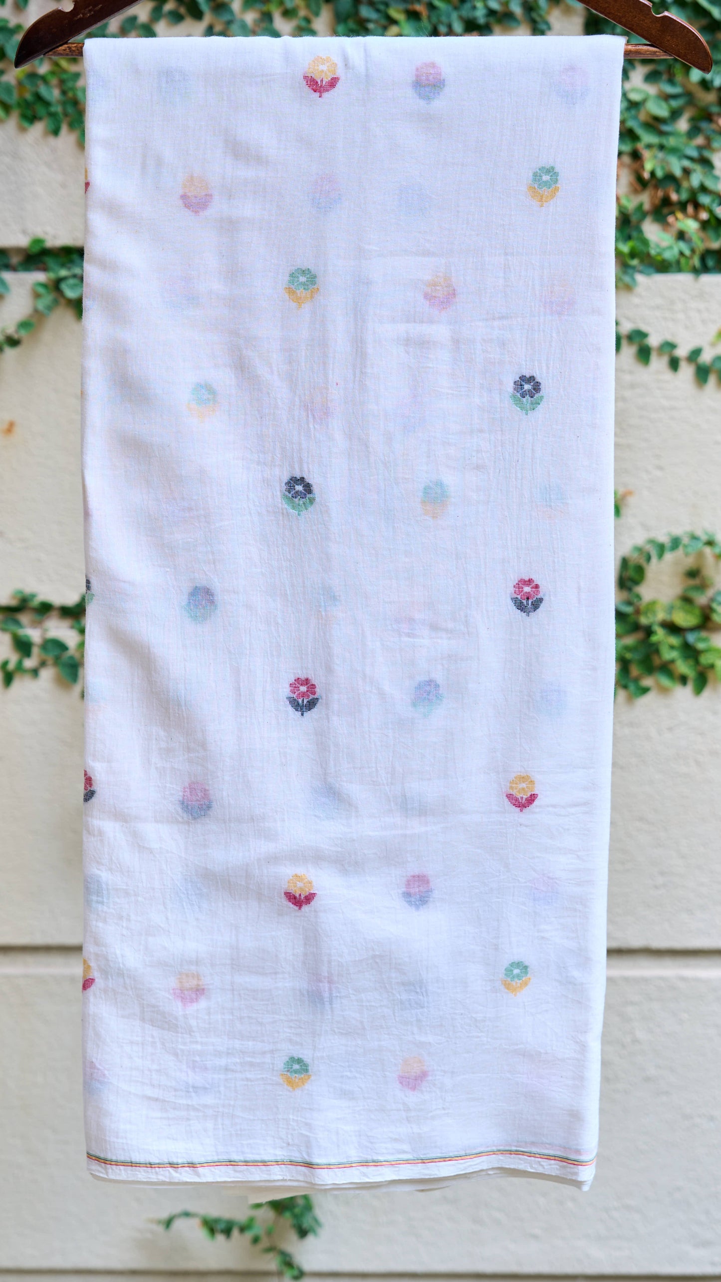 white; multicolor cotton White Multicolor Floral Jamdani Handwoven Cotton Fabric - Sold Per Meter by My Store