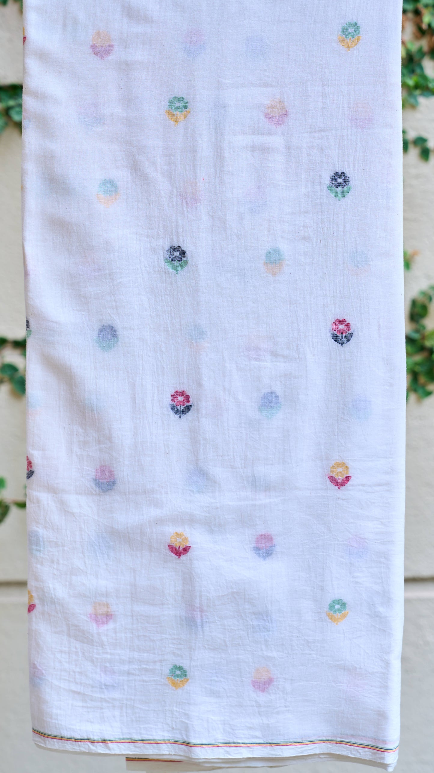 white; multicolor cotton White Multicolor Floral Jamdani Handwoven Cotton Fabric - Sold Per Meter by My Store
