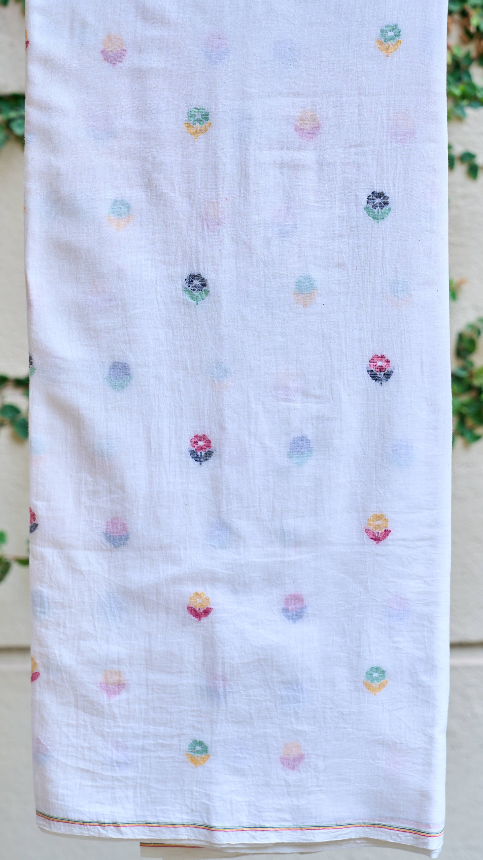 white; multicolor cotton White Multicolor Floral Jamdani Handwoven Cotton Fabric - Sold Per Meter by My Store