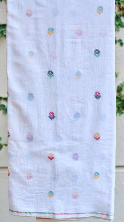 white; multicolor cotton White Multicolor Floral Jamdani Handwoven Cotton Fabric - Sold Per Meter by My Store