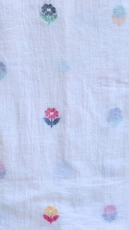 white; multicolor cotton White Multicolor Floral Jamdani Handwoven Cotton Fabric - Sold Per Meter by My Store