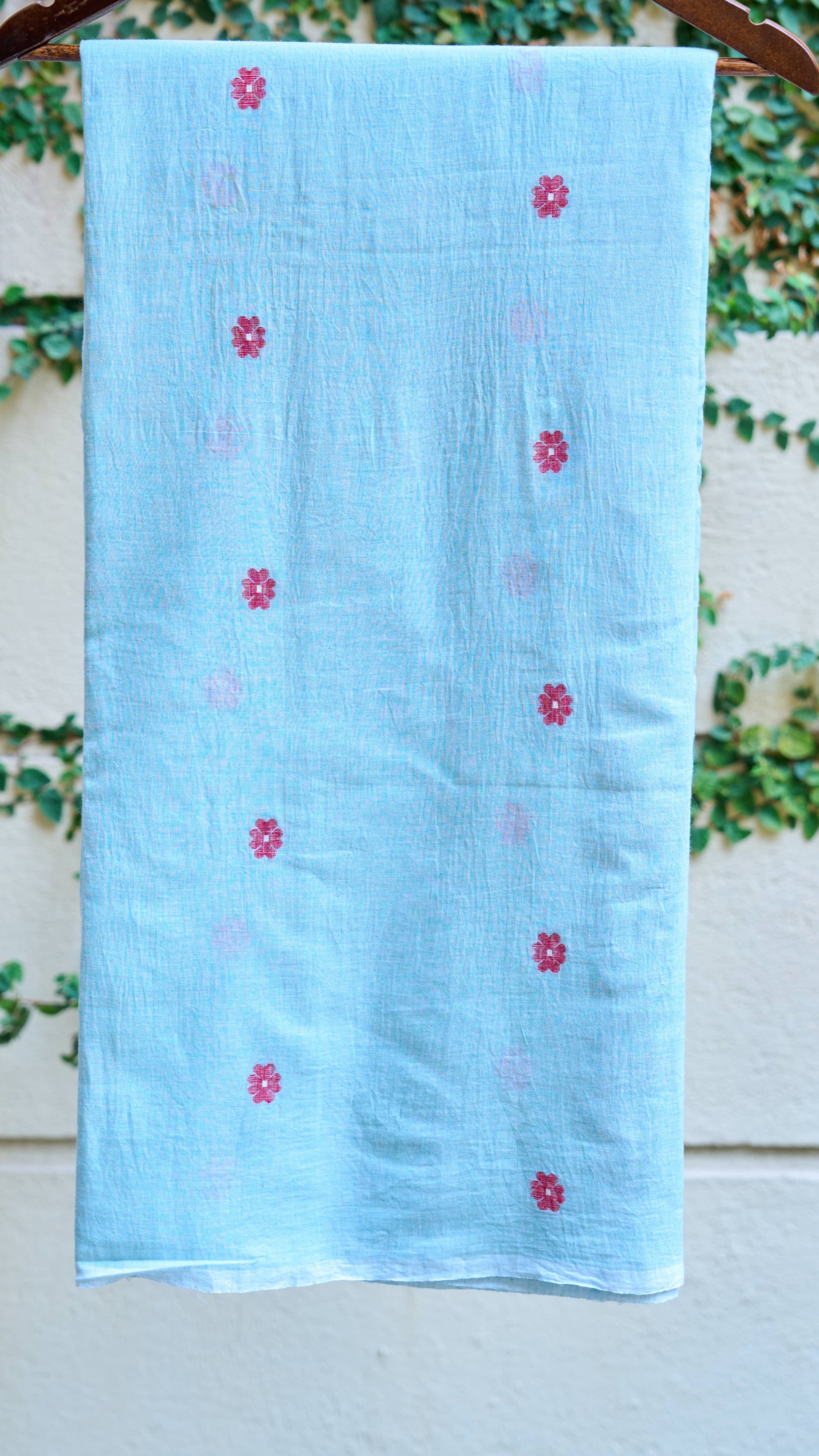 blue; floral cotton Mint Blue Jamdani Handwoven Cotton Fabric - Sold Per Meter by My Store