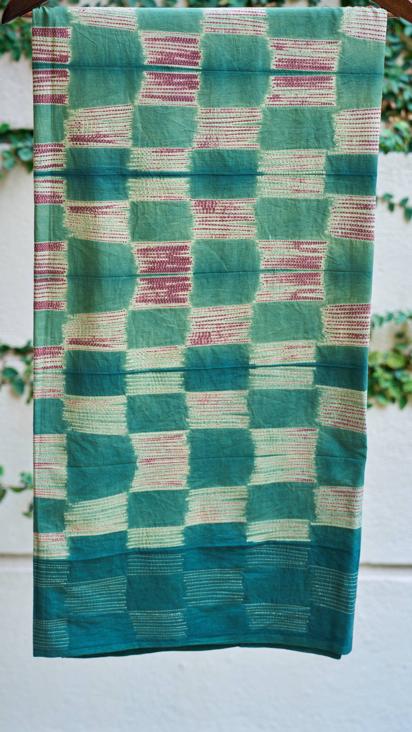 multicolor; green; checkered cotton Green Nui Shibori Handcrafted Cotton Fabric - 2.5 Meters by My Store