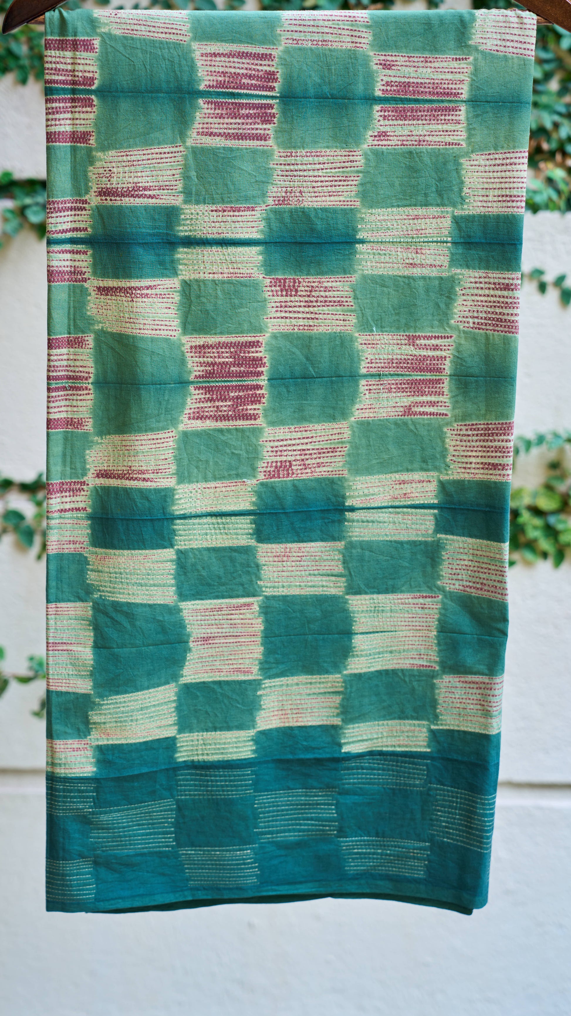 multicolor; green; checkered cotton Green Nui Shibori Handcrafted Cotton Fabric - 2.5 Meters by My Store
