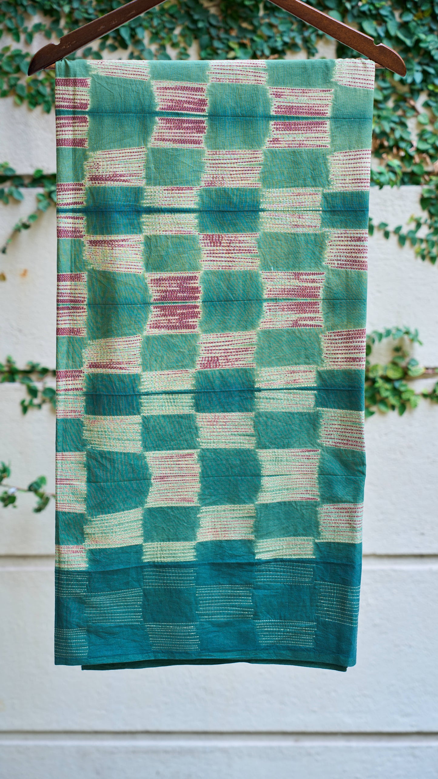 multicolor; green; checkered cotton Green Nui Shibori Handcrafted Cotton Fabric - 2.5 Meters by My Store