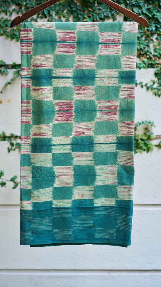 multicolor; green; checkered cotton Green Nui Shibori Handcrafted Cotton Fabric - 2.5 Meters by My Store