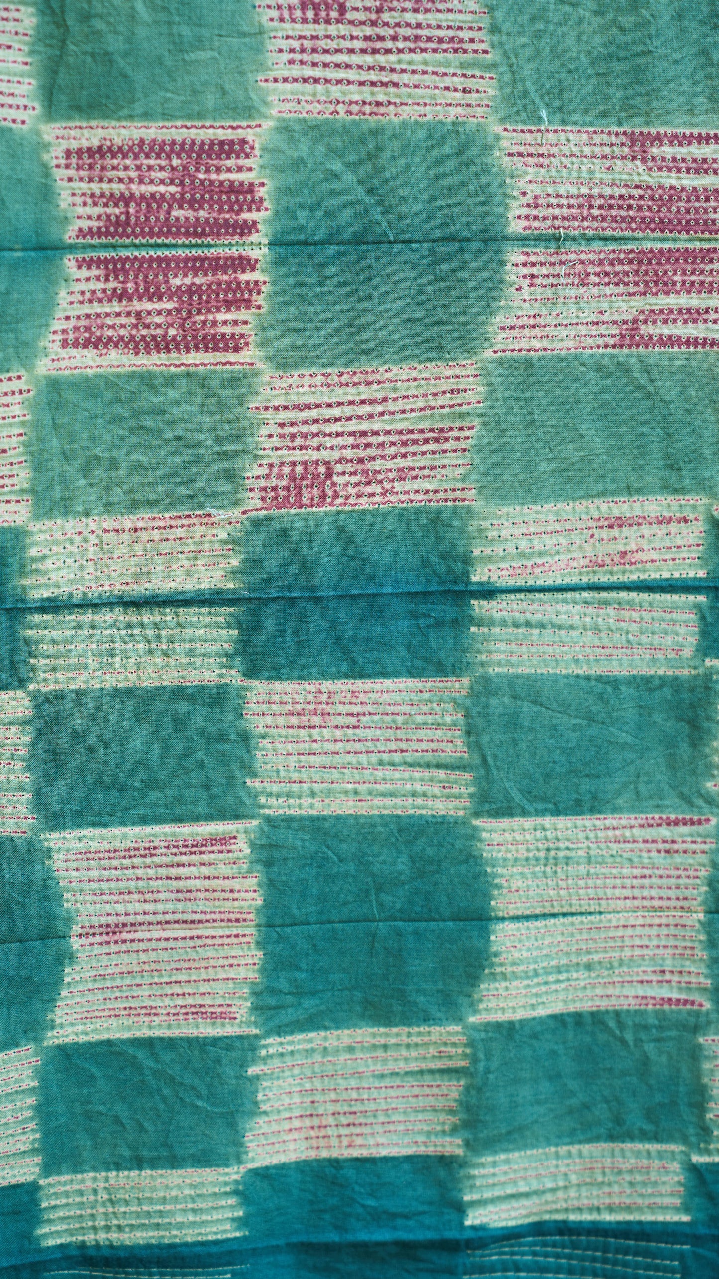 multicolor; green; checkered cotton Green Nui Shibori Handcrafted Cotton Fabric - 2.5 Meters by My Store