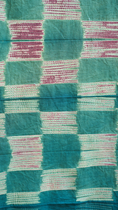 multicolor; green; checkered cotton Green Nui Shibori Handcrafted Cotton Fabric - 2.5 Meters by My Store