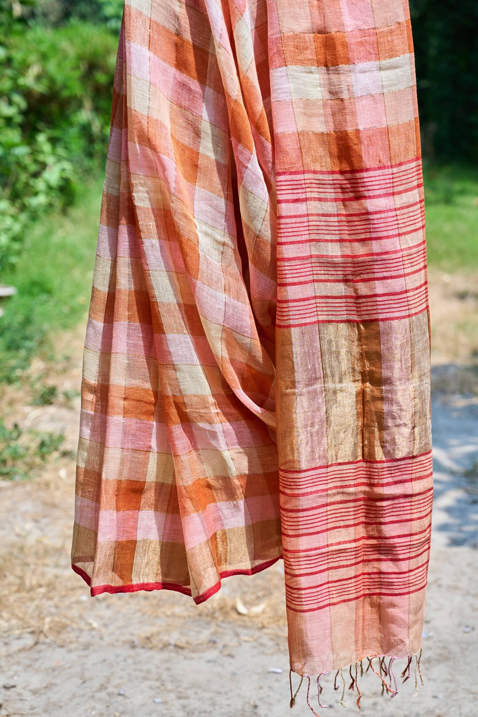 checkered; red; yellow; gold linen Handwoven Linen Saree - Sunset Checks in Gold & Rose by Label A