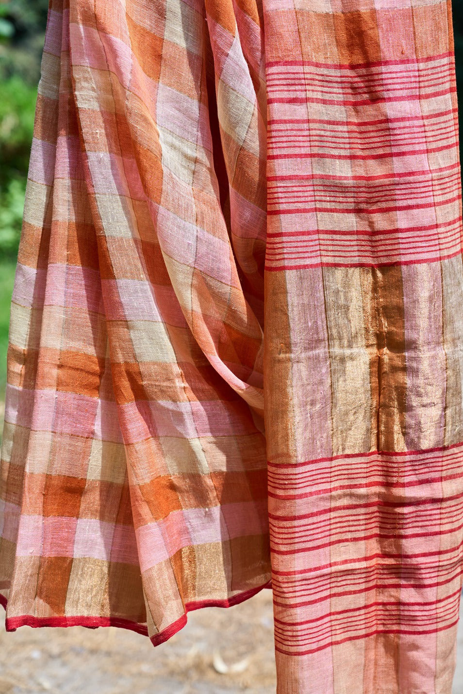 checkered; red; yellow; gold linen Handwoven Linen Saree - Sunset Checks in Gold & Rose by Label A