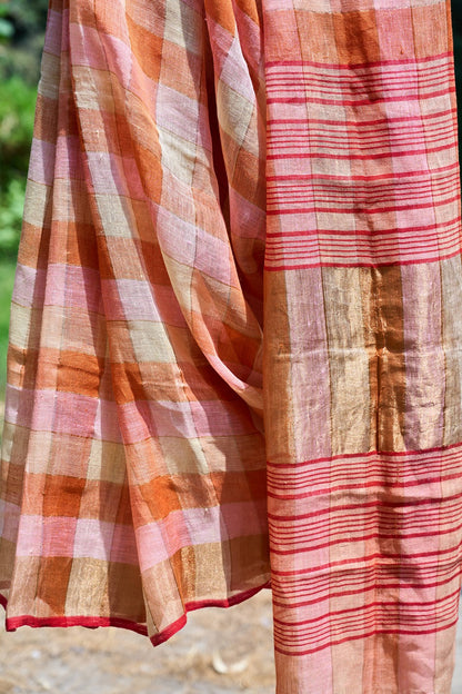 checkered; red; yellow; gold linen Handwoven Linen Saree - Sunset Checks in Gold & Rose by Label A