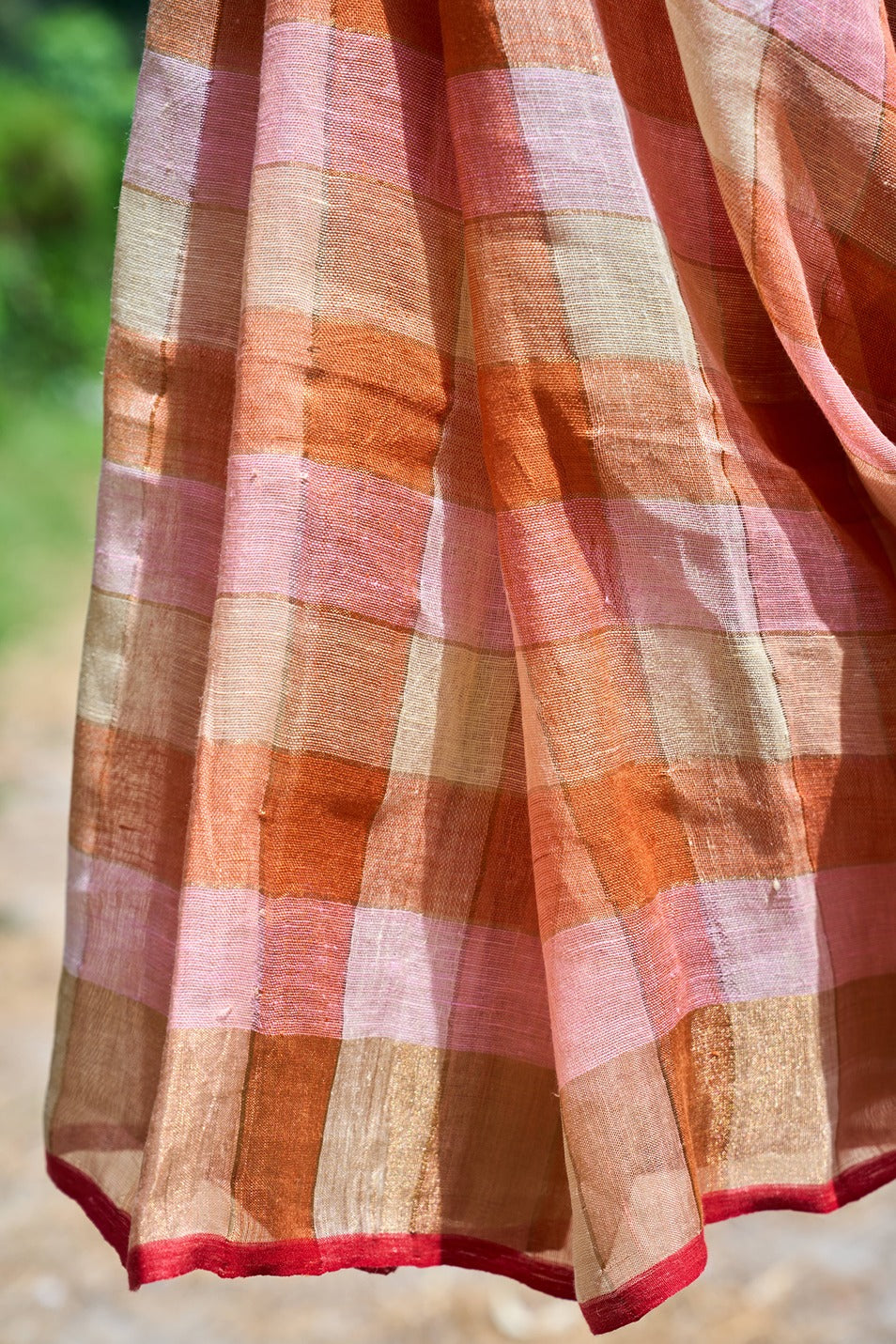 checkered; red; yellow; gold linen Handwoven Linen Saree - Sunset Checks in Gold & Rose by Label A