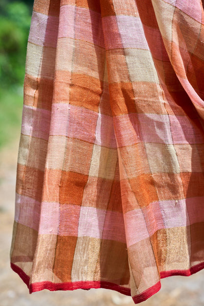 checkered; red; yellow; gold linen Handwoven Linen Saree - Sunset Checks in Gold & Rose by Label A